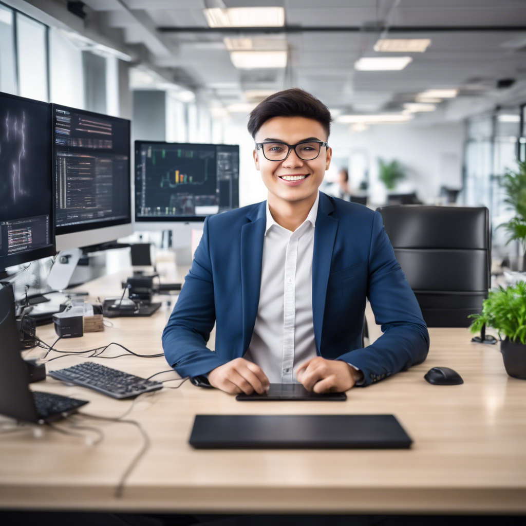 dslr quality, stylish IT technician in the modern office, good lightning, looking directly to camera, good mood, security related software on pc screen