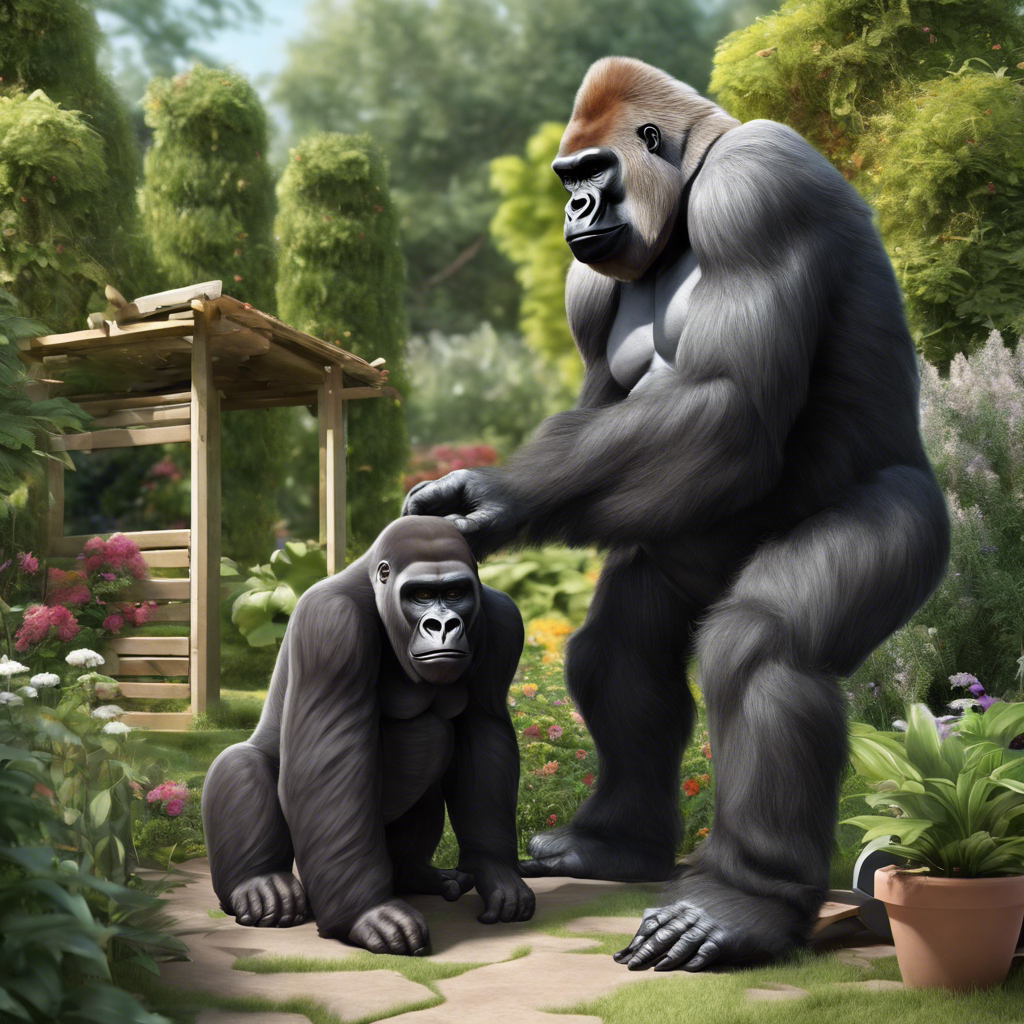 realistic gorilla play with a dog in the garden