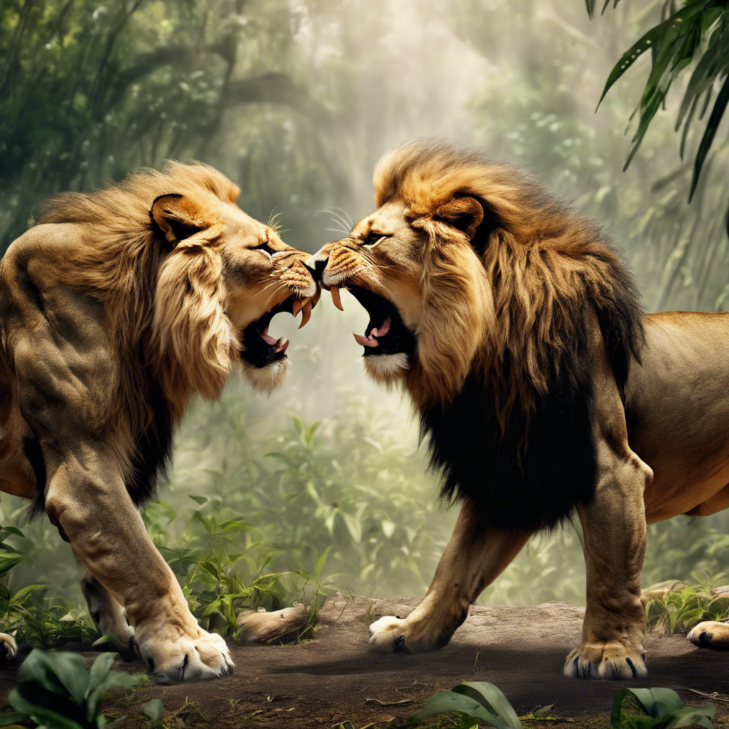 two lions fighting in the jungle